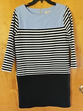 LOFT Black & White Striped Shift Dress with Light Blue Yoke